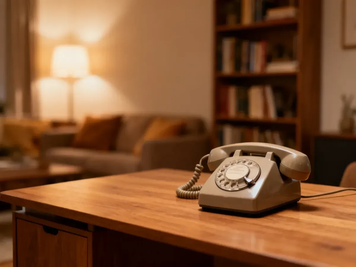 Stary telefon z tarczą numerową na drewnianym biurku, przywołujący nostalgię za czasami pokolenia baby boomers.