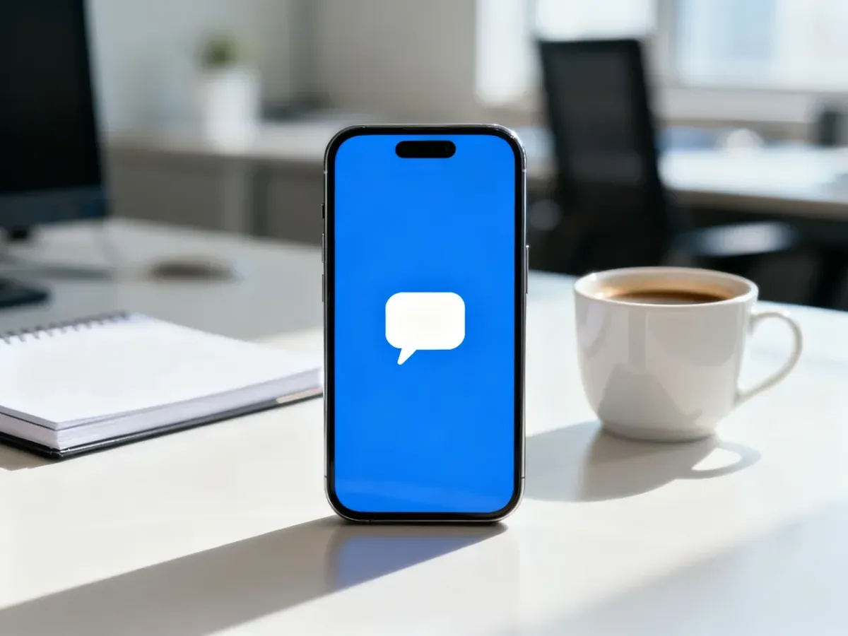 Nowoczesny smartfon z ikoną dymka czatu na ekranie, symbolizujący komunikację w mediach społecznościowych.