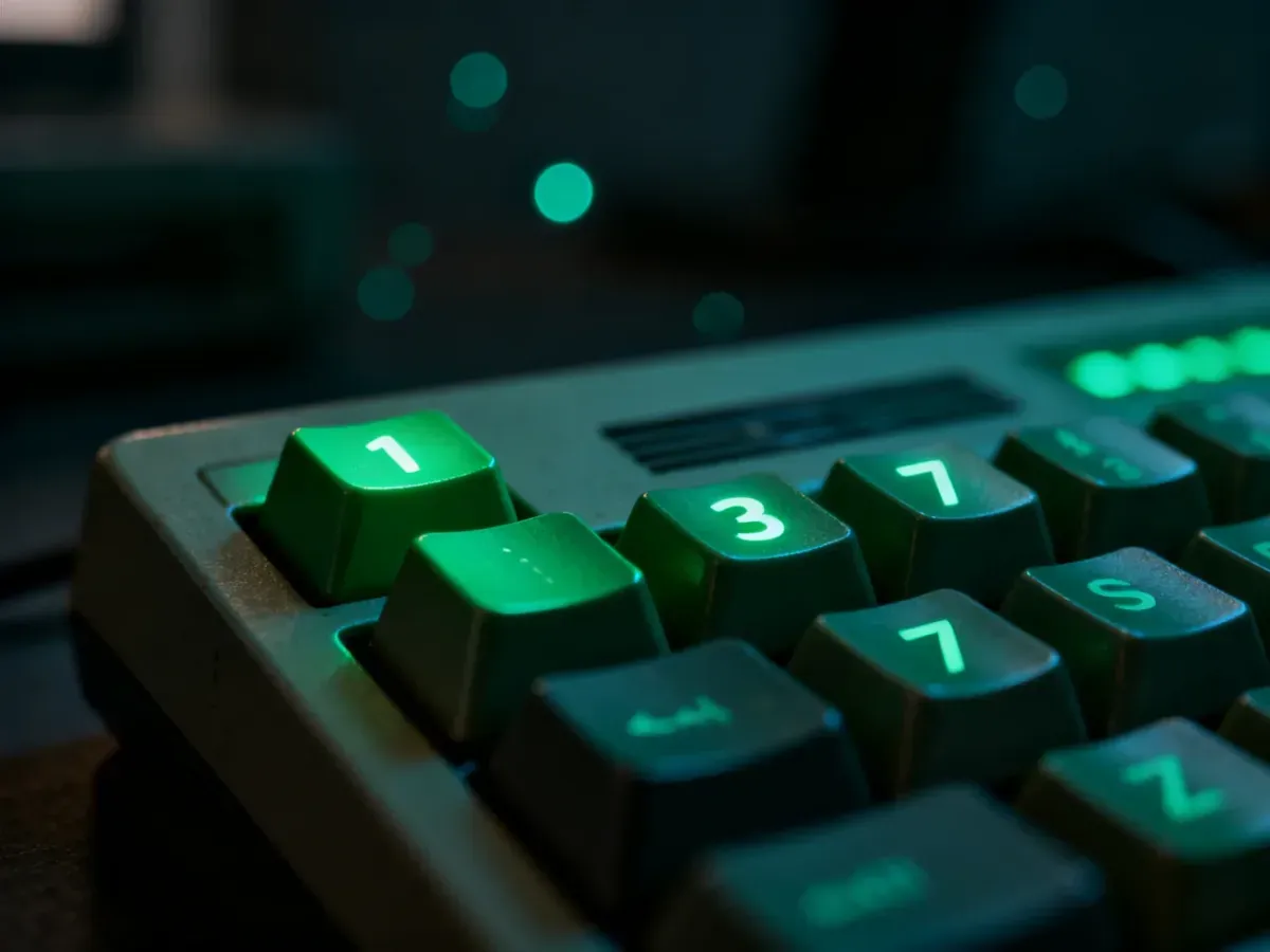 Zbliżenie na klawiaturę mechaniczną z podświetlanymi klawiszami 1, 3 i 7 w stylistyce cyberpunkowej.