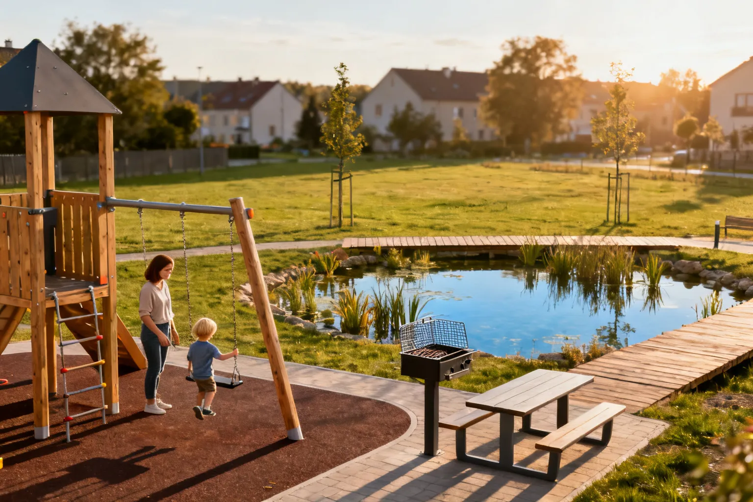 Nowa przestrzeń rekreacyjna w Grzybnie — plac zabaw, grill i staw za 2,135 mln zł