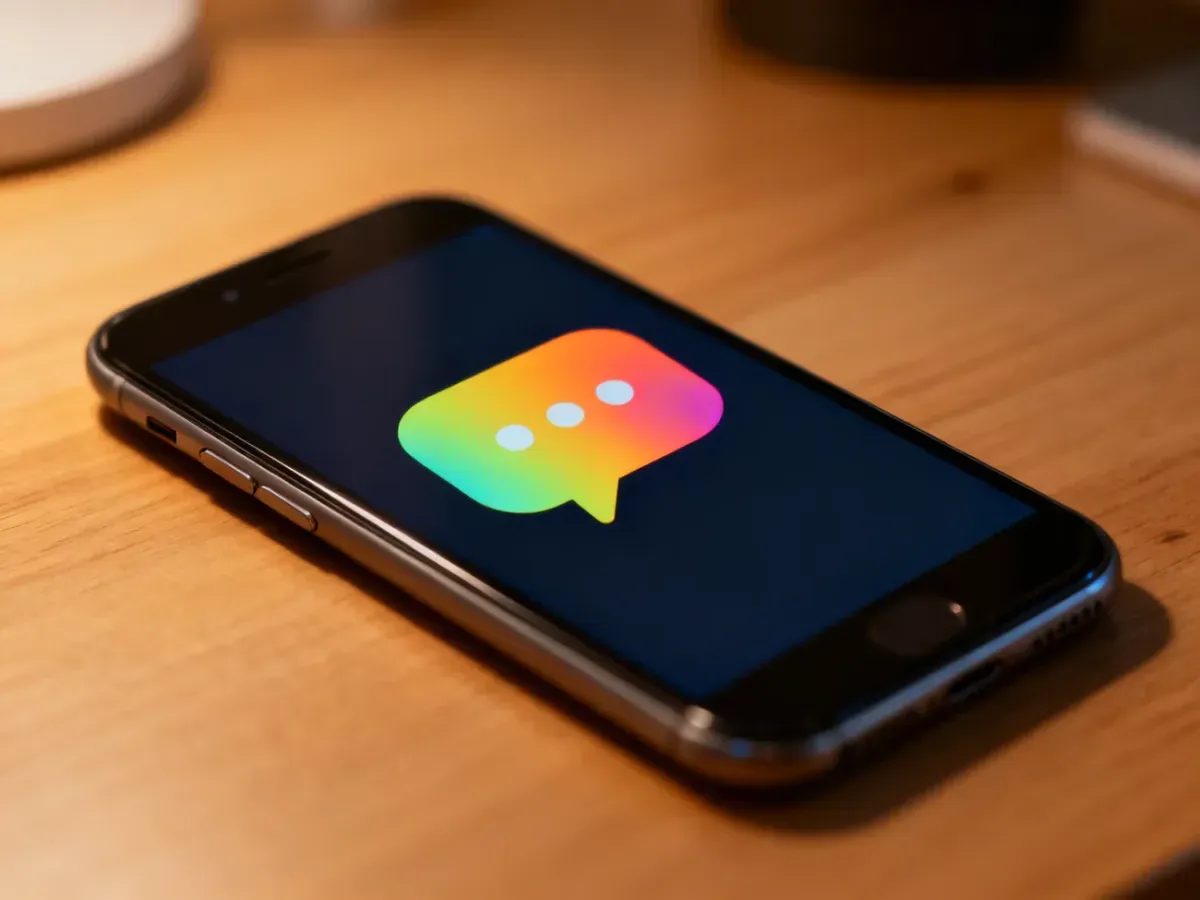 Smartfon z ikoną dymka czatu na ekranie, symbolizujący nowoczesną komunikację cyfrową w domowym biurze.