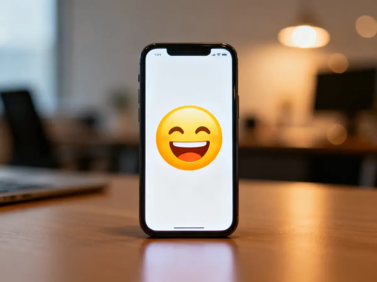 Ekran smartfona z ikoną śmiejącej się buźki, ilustrujący popularny w internecie skrót XD.