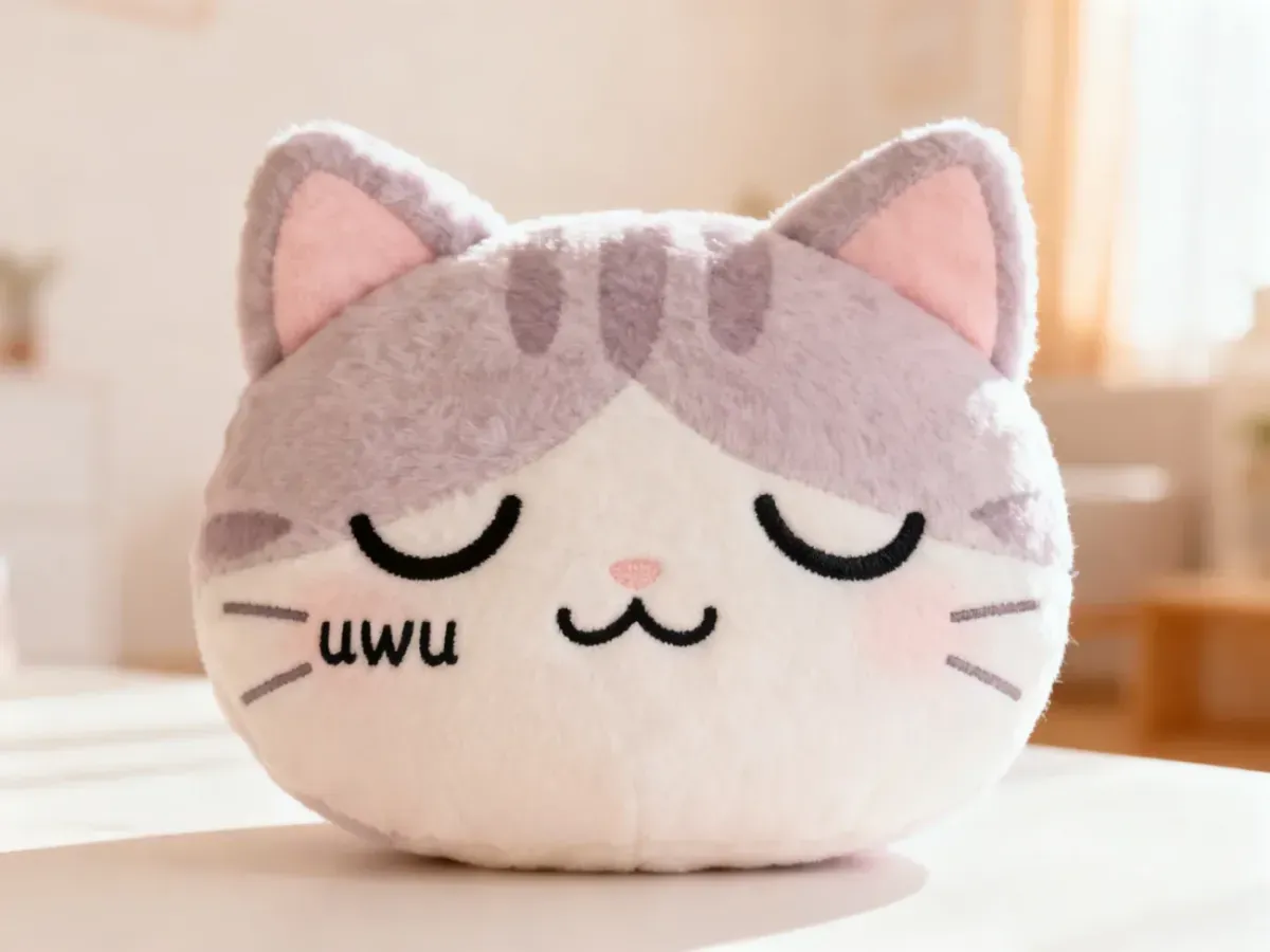 Pluszowy kot z wyrazem twarzy „uwu”, przedstawiający radosne, zamknięte oczy i małe usta w estetyce pastelowej.